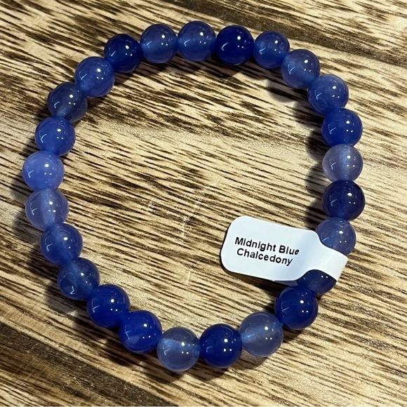 3pc Crystal Beads Bracelet - Red & Midnight Blue Chalcedony & Green Flower Agate - Picture 5 of 6